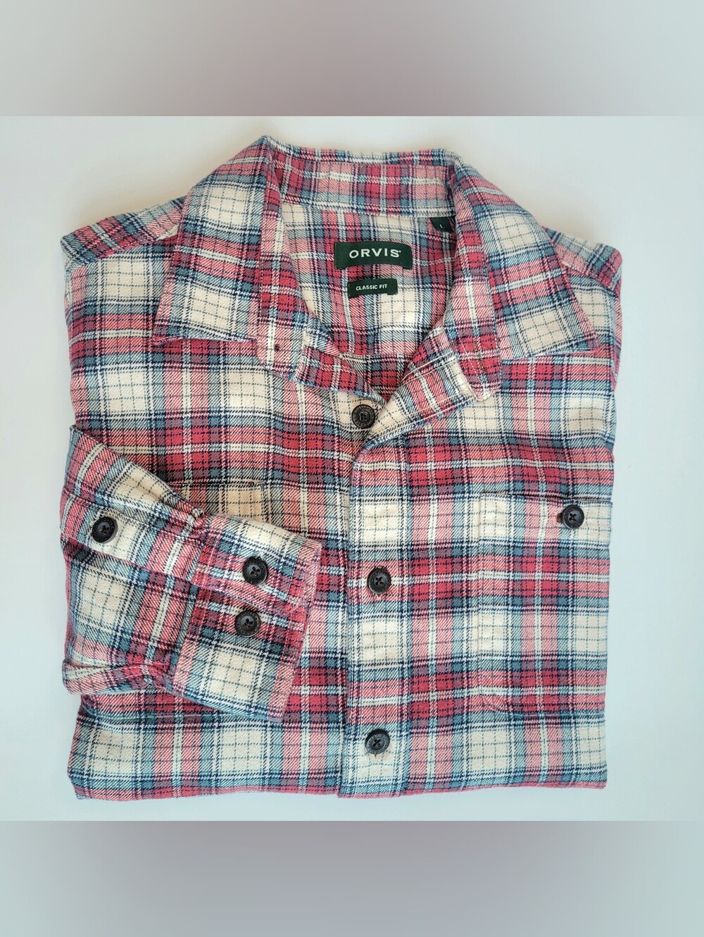 Orvis Perfect Flannel Shirt Mens L Classic Fit Plaid Button Up Shirt Red Plaid